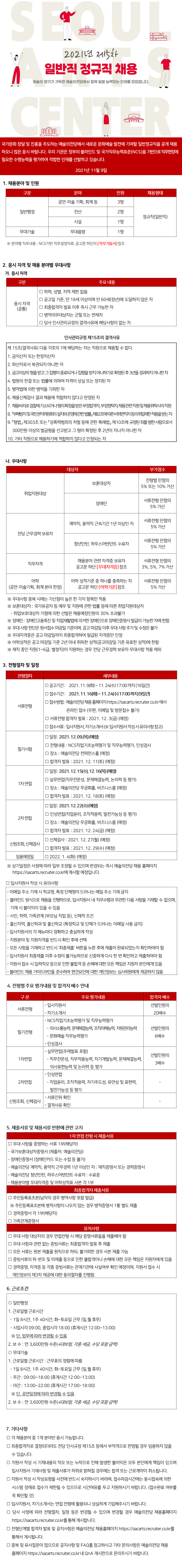 2021년도 5차 예술의전당 일반직 정규직 채용 (~2021.11.24)