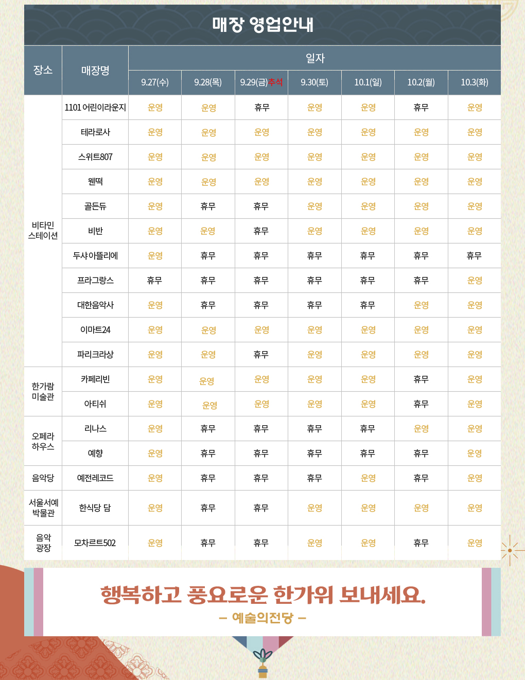 추석 연휴기간 예술의전당 운영 안내(2)