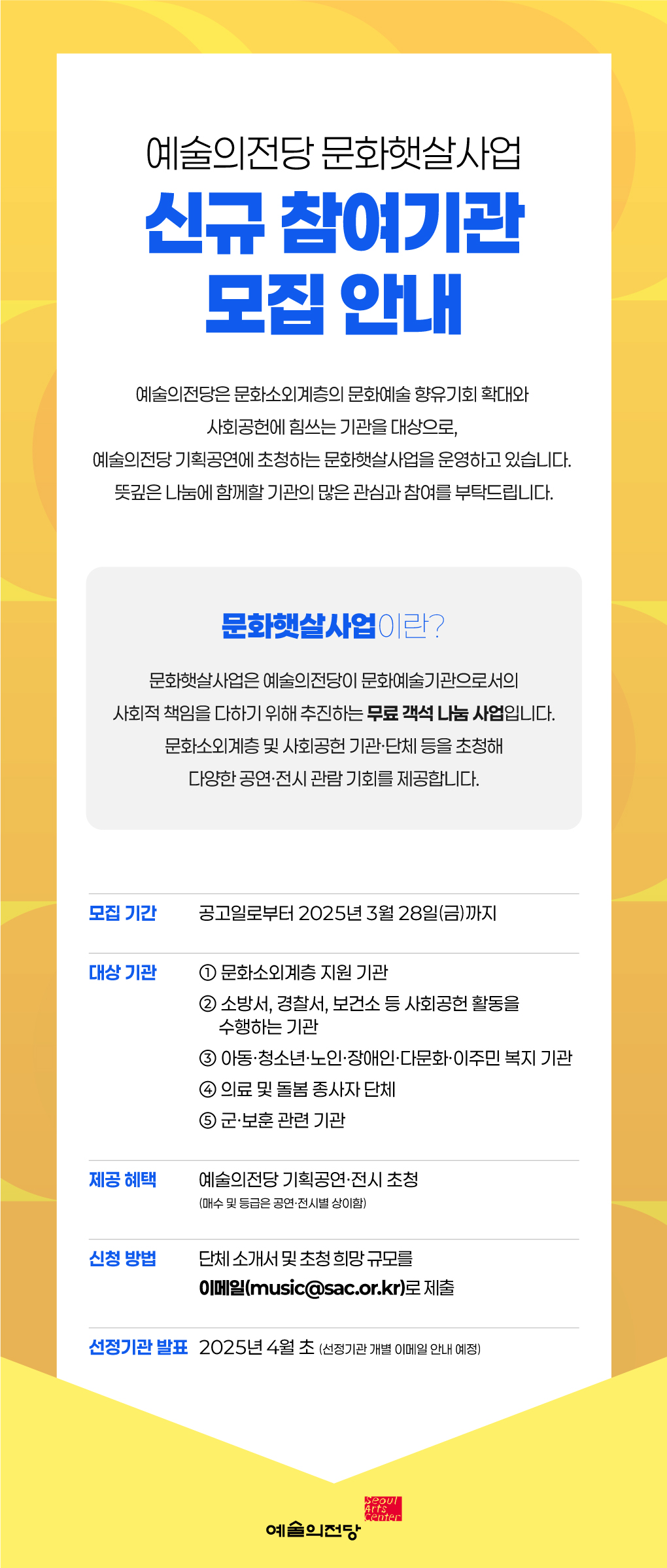 예술의전당 문화햇살사업 신규 참여기관 모집 안내 :
예술의전당은 문화소외계층의 문화예술 향유기회 확대와 사회공헌에 힘쓰는 기관을 대상으로, 예술의전당 기획공연에 초청하는 문화햇살사업을 운영하고 있습니다. 뜻깊은 나눔에 함께할 기관의 많은 관심과 참여를 부탁드립니다.

◆문화햇살사업이란?
문화햇살사업은 예술의전당이 문화예술기관으로서의 사회적 책임을 다하기 위해 추진하는 무료 객석 나눔 사업입니다. 문화소외계층 및 사회공헌 기관·단체 등을 초청해 다양한 공연·전시 관람 기회를 제공합니다.

▶모집 기간: 공고일로부터 2025년 3월 28일(금)까지 
▶대상 기관: ①문화소외계층 지원 기관
            ②소방서, 경찰서, 보건소 등 사회공헌 활동을 수행하는 기관
            ③아동·청소년·노인·장애인·다문화·이주민 복지 기관
            ④의료 및 돌봄 종사자 단체
            ⑤군·보훈 관련 기관
▶제공 혜택: 예술의전당 기획공연·전시 초청 (매수 및 등급은 공연·전시별 상이함)
▶신청 방법: 단체 소개서 및 초청 희망 규모를 이메일(music@sac.or.kr)로 제출
▶선정기관 발표: 2025년 4월 초 (선정기관 개별 이메일 안내 예정)
